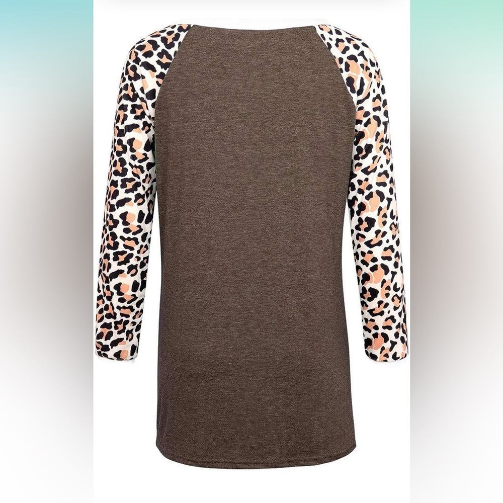 Coffee Color Top With Leopard Panel Contrast Sleeves - Picture 3 of 3